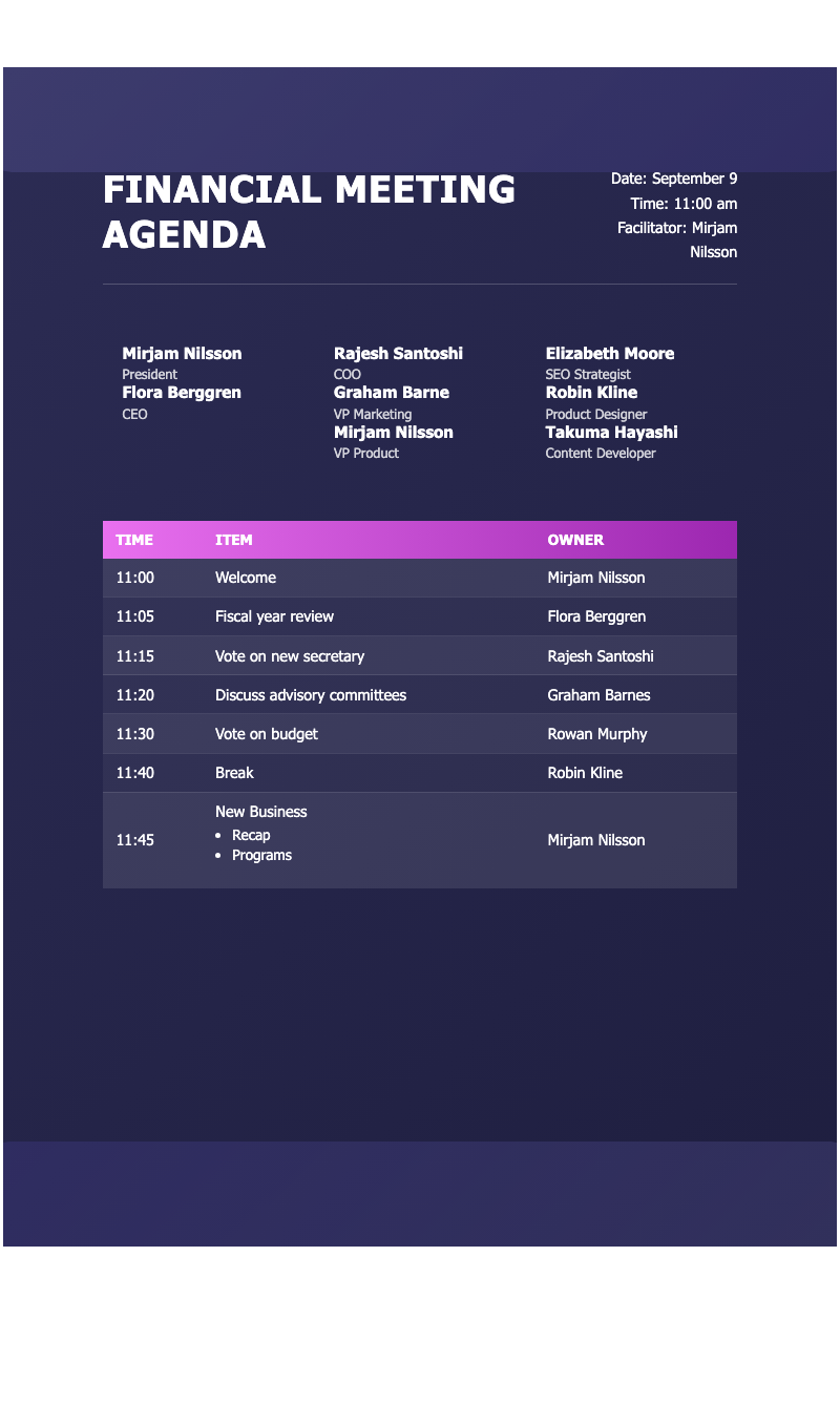 Financial meeting agenda - Modern dark-themed meeting agenda with attendee columns and time-scheduled items. Perfect for corporate financial planning sessions.